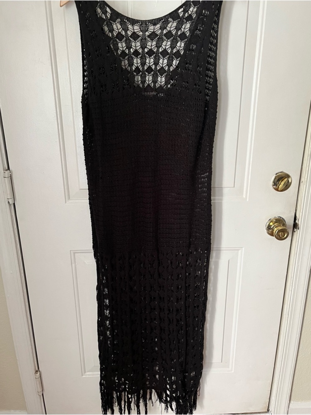 Zara Sz L Black Crochet Boho Fringe Beach Swim Cover Maxi Dress Resort SM HOLE